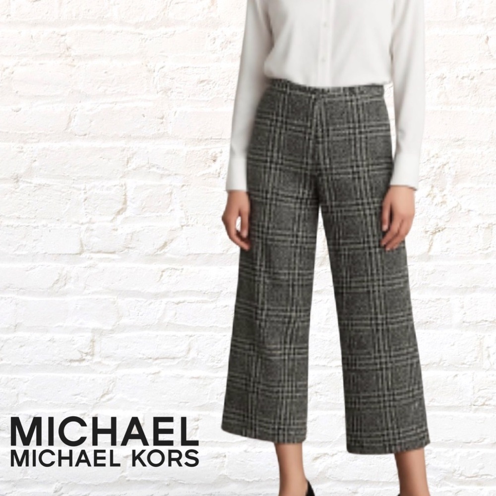 Michael Kors Black & White Herringbone Plaid Cropped Wide Leg Pants Size Large